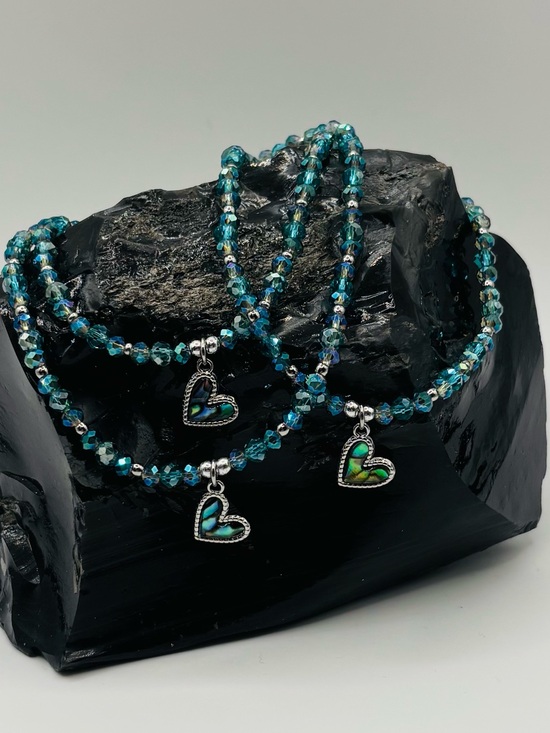 Jewelry - *ANKLET* S.Steel Abalone Heart & Blue Green Crystal Glass Stretchy Anklet